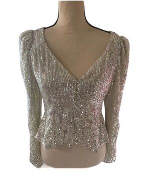 Know One Cares Silver Sequin Long-Sleeve Peplum Dress Top
